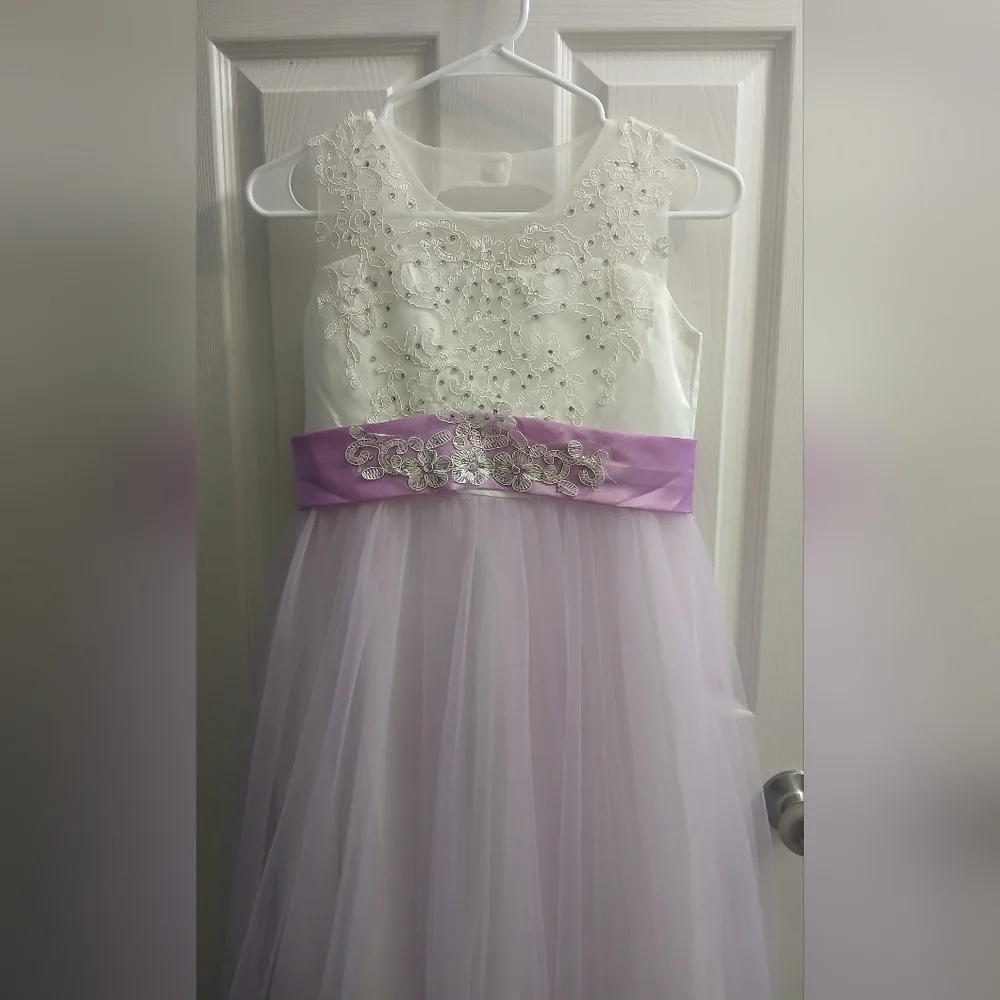 Elegant White and Purple Dress with Bows At Back And Down Length Of Dress.